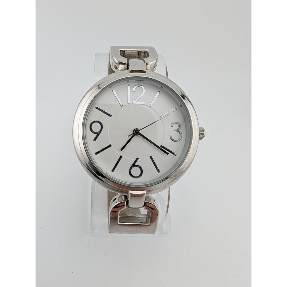 Women's Silver Watch 37mm Case White Dial Brown Band-‎ New Battery